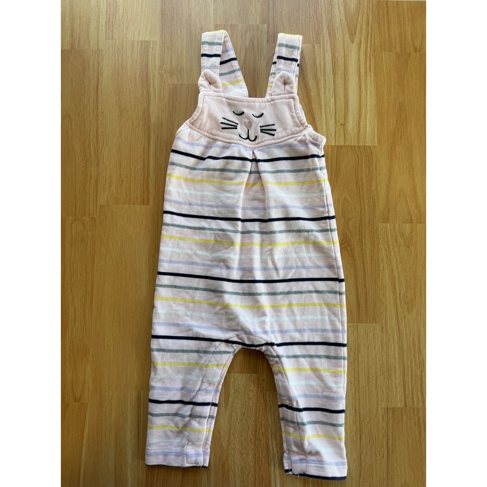 Hanna Andersson Baby Girl 12-18M Pink Stripe Cat Overalls Romper Organic Cotton